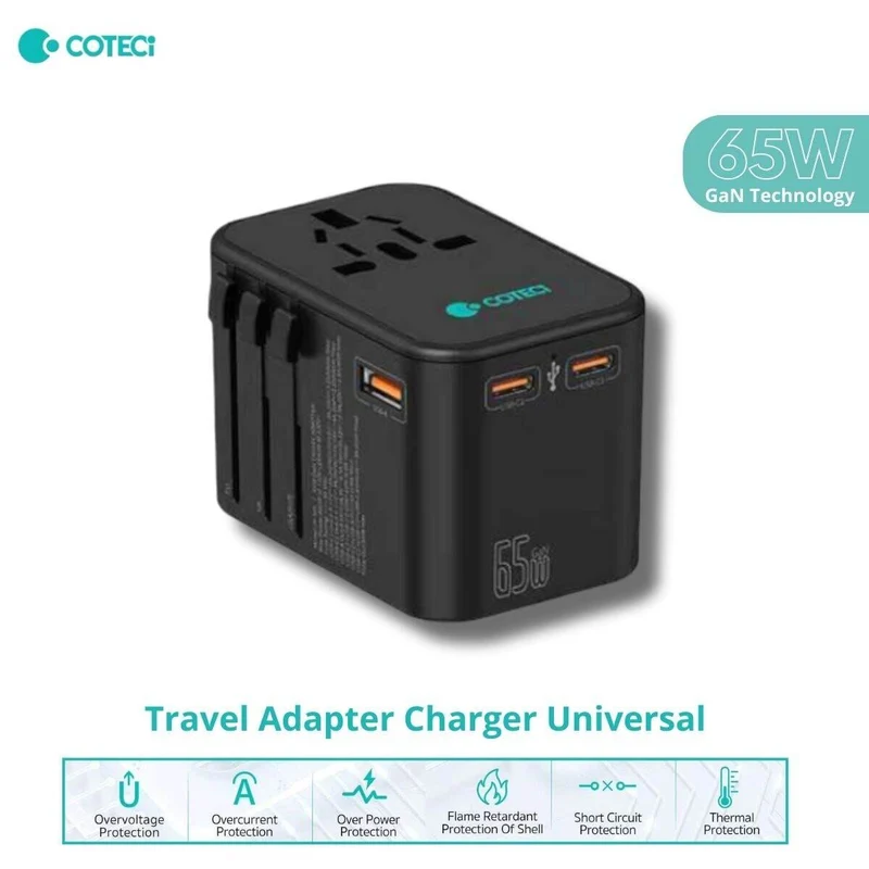 COTECi Travel adapter 65w GaN Universal charger