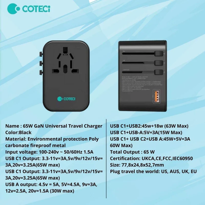 COTECi Travel adapter 65w GaN Universal charger