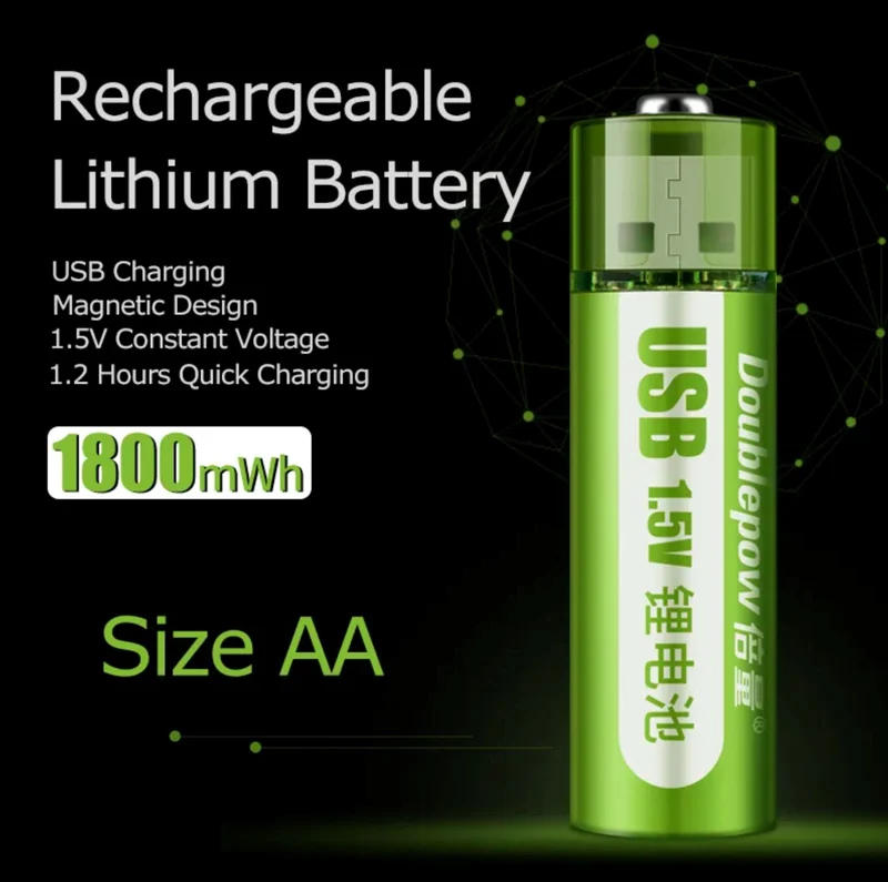 Computer USB AA Rechargeable Battery 1.5V 1800mAh Li ion Battery Cell - 4 Batteries
