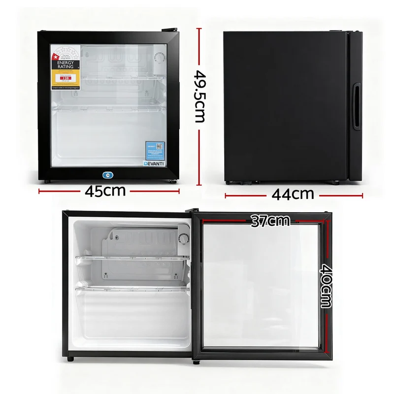 Devanti 40L Bar Fridge Glass Door Mini Fridge Countertop Cooler Black