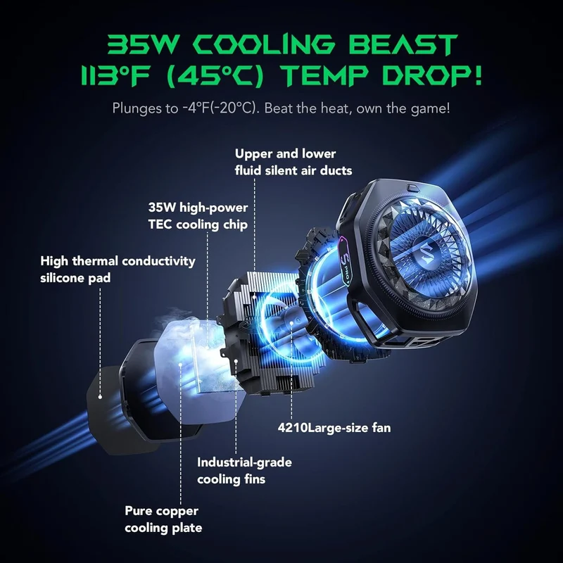 Black Shark Magnetic Phone Cooler 5 Pro 18 Addressable RGB LEDs Detachable Grip APP-Controlled Thermostatic Cooling Fan for iPhone MagSafe/Android/iPad Gaming/Streaming/Photography
