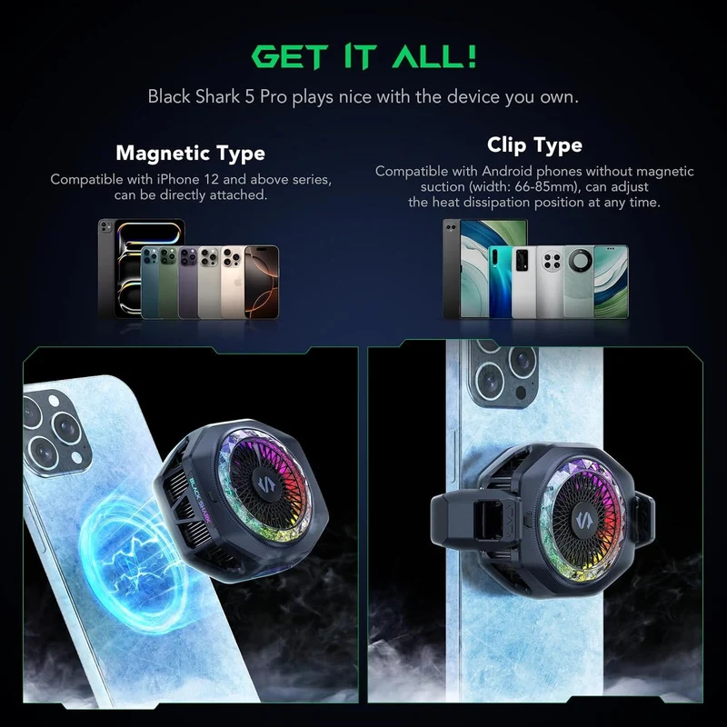Black Shark Magnetic Phone Cooler 5 Pro 18 Addressable RGB LEDs Detachable Grip APP-Controlled Thermostatic Cooling Fan for iPhone MagSafe/Android/iPad Gaming/Streaming/Photography