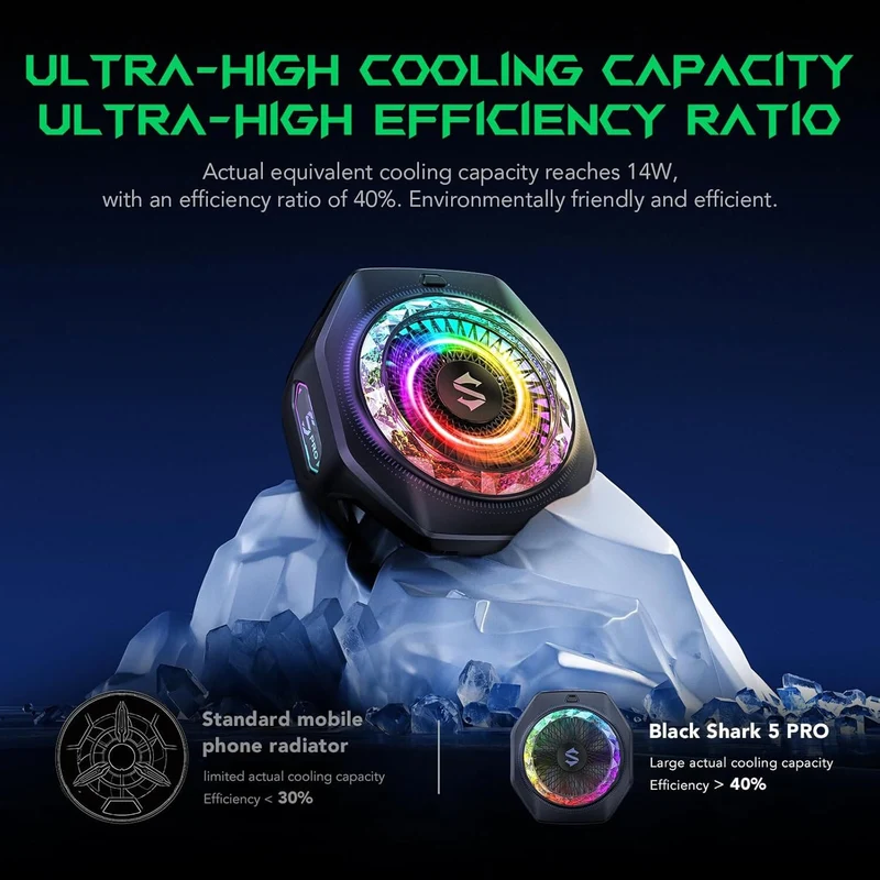Black Shark Magnetic Phone Cooler 5 Pro 18 Addressable RGB LEDs Detachable Grip APP-Controlled Thermostatic Cooling Fan for iPhone MagSafe/Android/iPad Gaming/Streaming/Photography