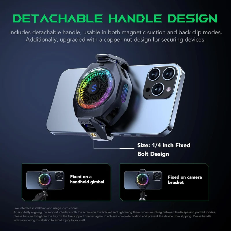 Black Shark Magnetic Phone Cooler 5 Pro 18 Addressable RGB LEDs Detachable Grip APP-Controlled Thermostatic Cooling Fan for iPhone MagSafe/Android/iPad Gaming/Streaming/Photography