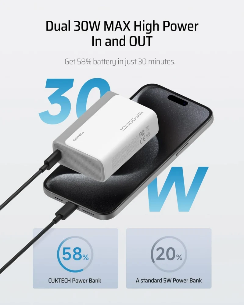 CUKTECH 30W Portable Smallest Lightest USB-C Output & Input Charger Fast Charging 10000mAh Power Bank