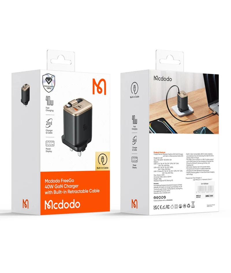 Mcdodo 427 FreeGo 40W with 65cm Retractable Cable GaN Charger (USB-C+USB+Type C Cable) PD3.0 PPS QC4.0 Quick Travel Charger