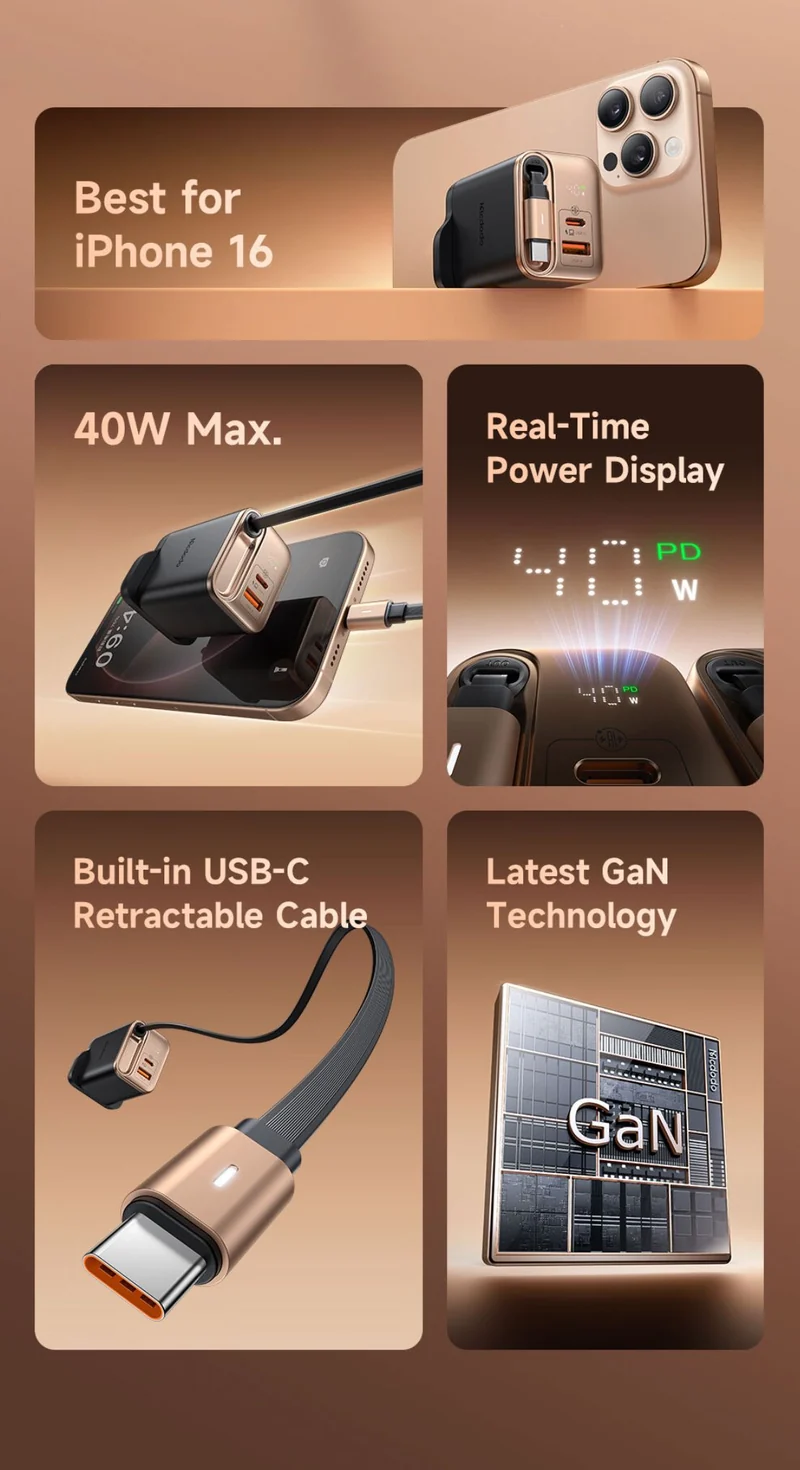 Mcdodo 427 FreeGo 40W with 65cm Retractable Cable GaN Charger (USB-C+USB+Type C Cable) PD3.0 PPS QC4.0 Quick Travel Charger