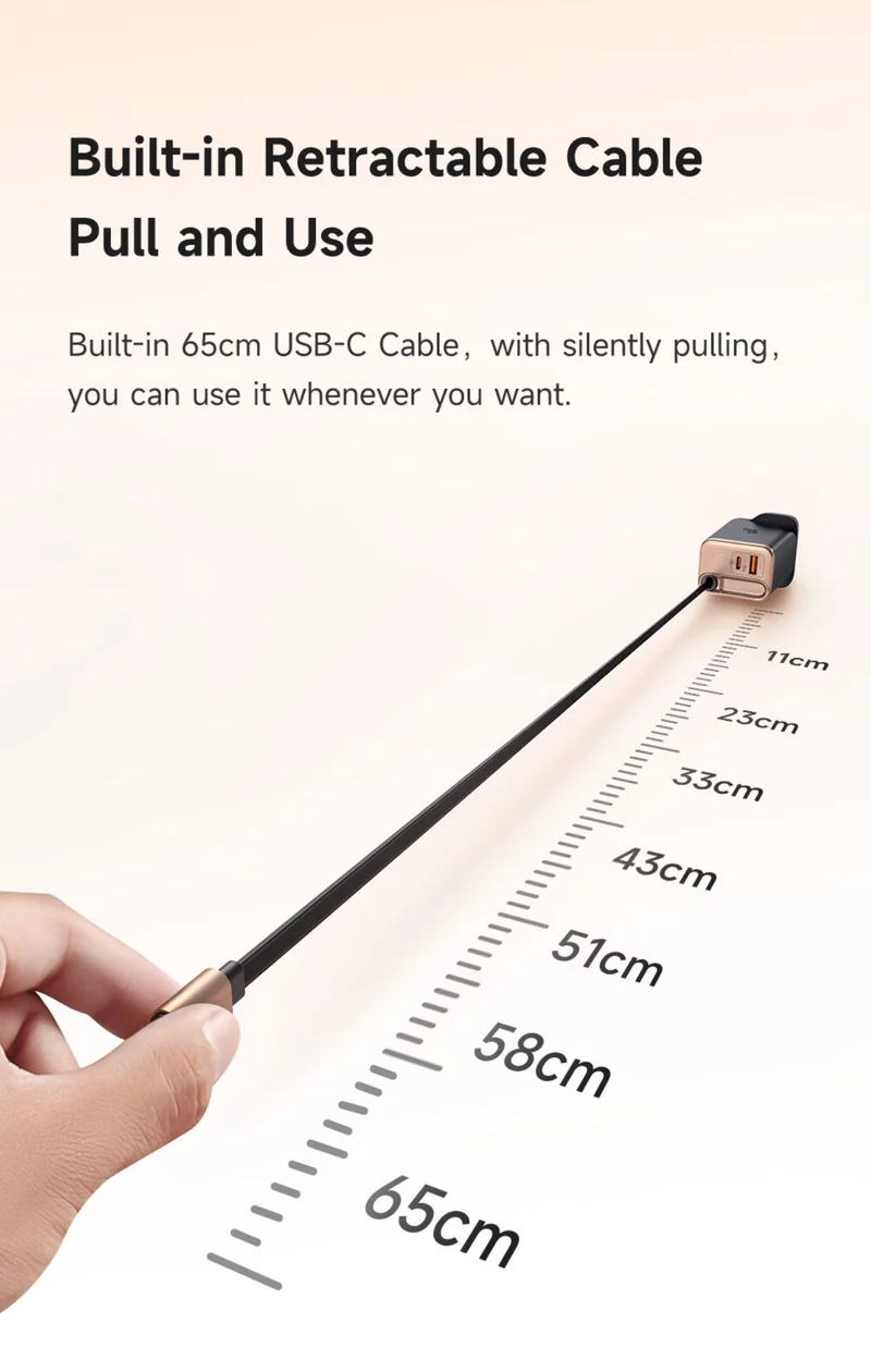 Mcdodo 427 FreeGo 40W with 65cm Retractable Cable GaN Charger (USB-C+USB+Type C Cable) PD3.0 PPS QC4.0 Quick Travel Charger