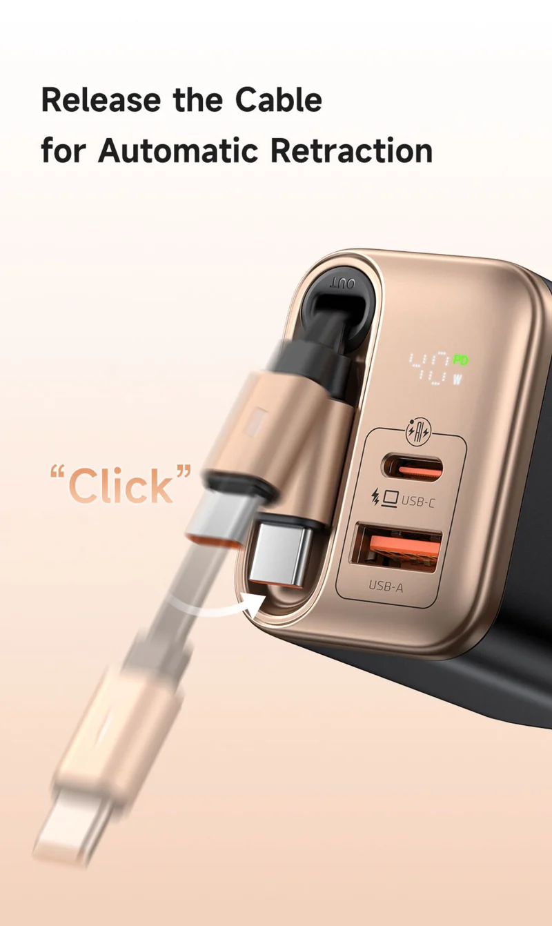 Mcdodo 427 FreeGo 40W with 65cm Retractable Cable GaN Charger (USB-C+USB+Type C Cable) PD3.0 PPS QC4.0 Quick Travel Charger