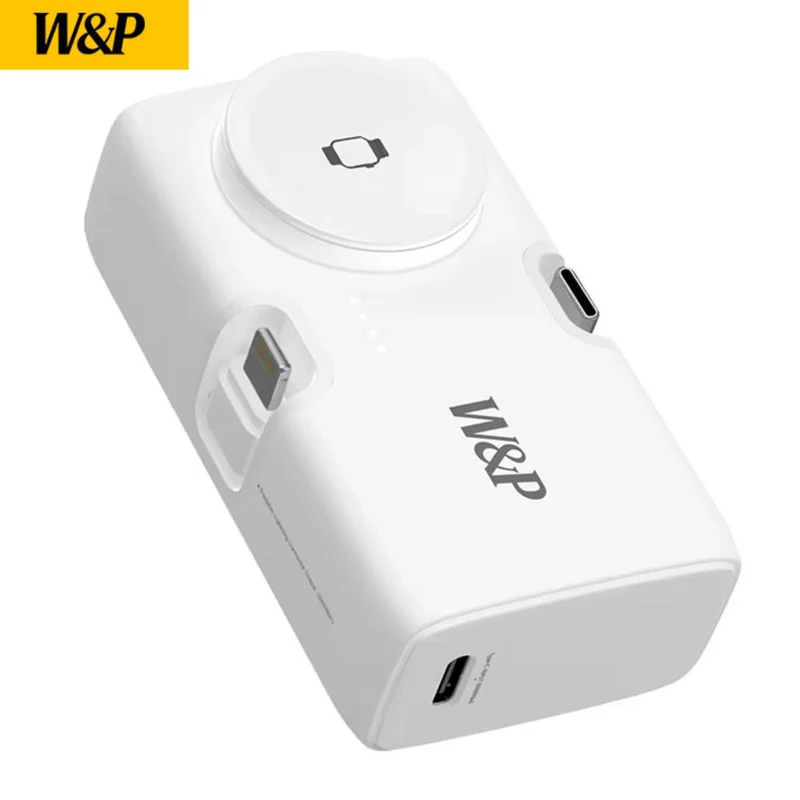 W&P Portable Mini Capsule 5000mAh Power Bank With Plug 2 in 1 Quick Charger Built-in Ports