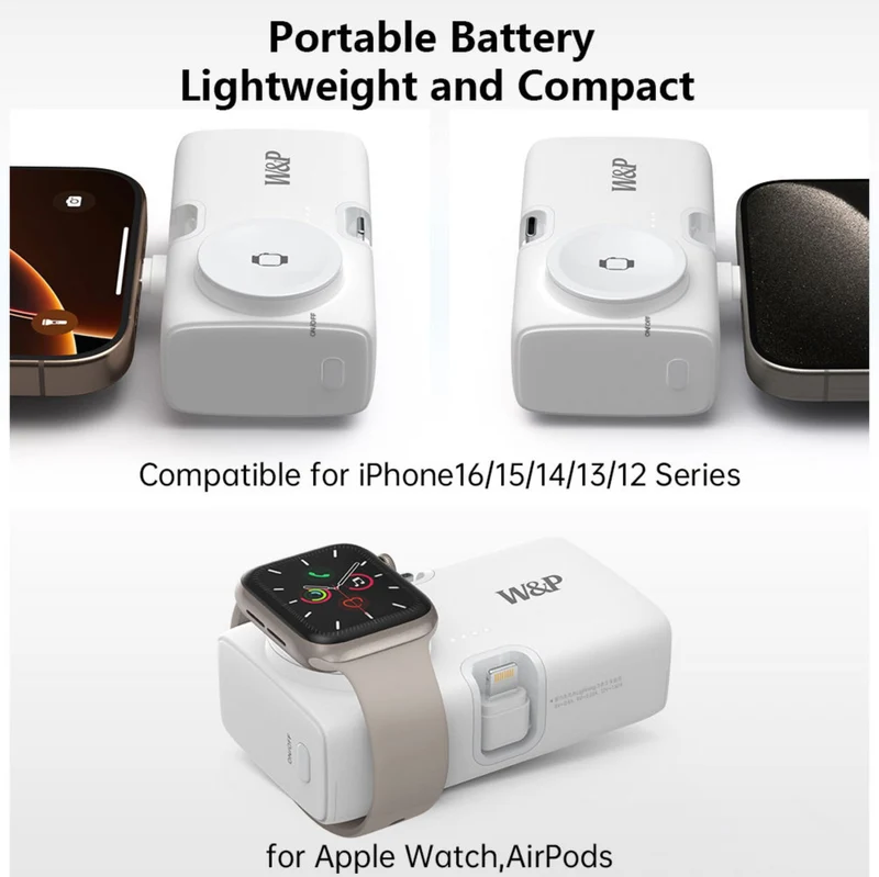 W&P Portable Mini Capsule 5000mAh Power Bank With Plug 2 in 1 Quick Charger Built-in Ports