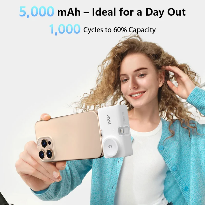 W&P Portable Mini Capsule 5000mAh Power Bank With Plug 2 in 1 Quick Charger Built-in Ports