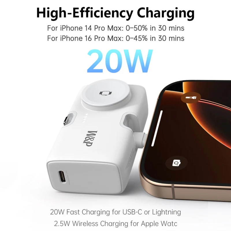 W&P Portable Mini Capsule 5000mAh Power Bank With Plug 2 in 1 Quick Charger Built-in Ports