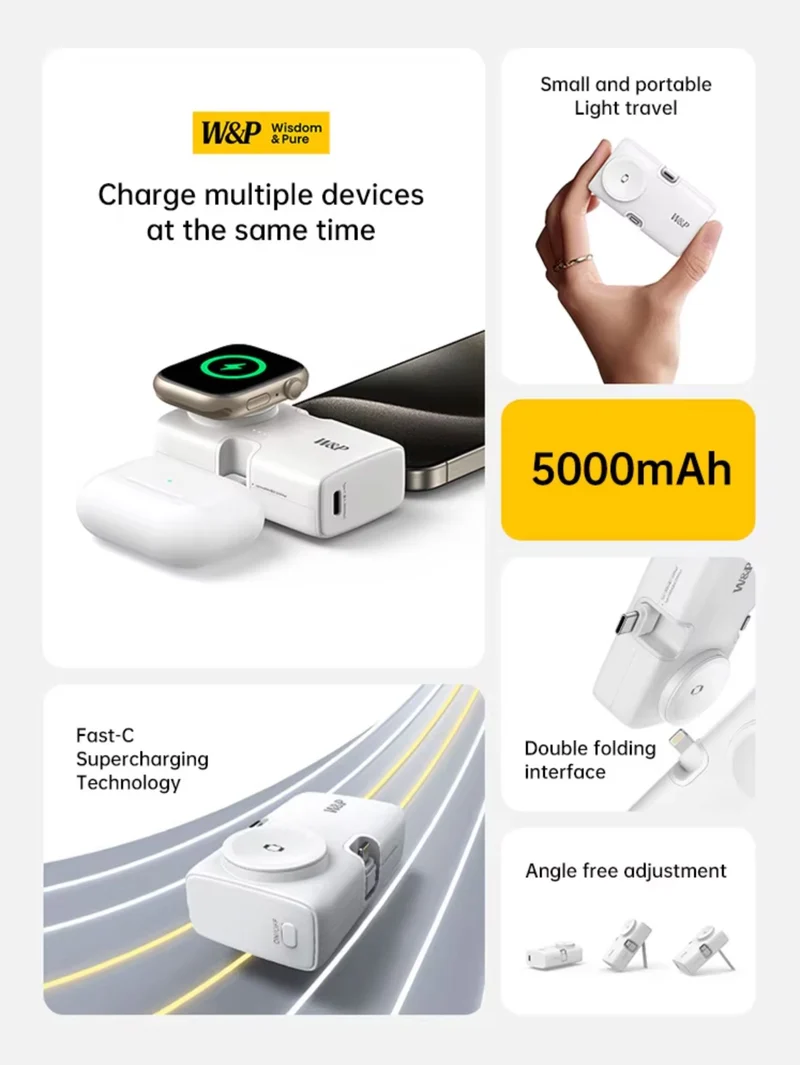 W&P Portable Mini Capsule 5000mAh Power Bank With Plug 2 in 1 Quick Charger Built-in Ports
