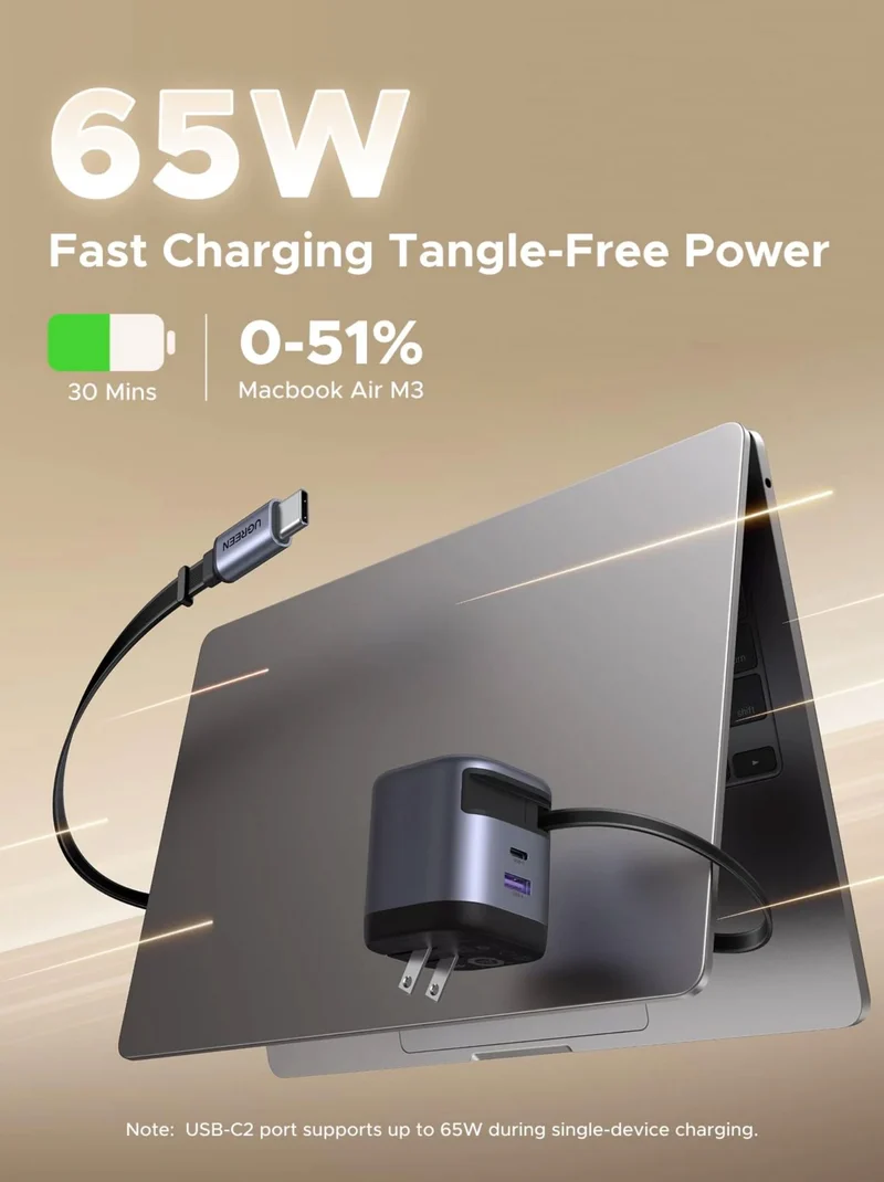 UGREEN 65W Retractable USB C Charger Block with Built-in Cable, GaN Fast Charging Wall Charger 2 Ports Compatible for iPhone 16 15 14, Galaxy S25 S24, Pixel 9 Pro 8 7, MacBook Pro/Air, iPad, Airpods