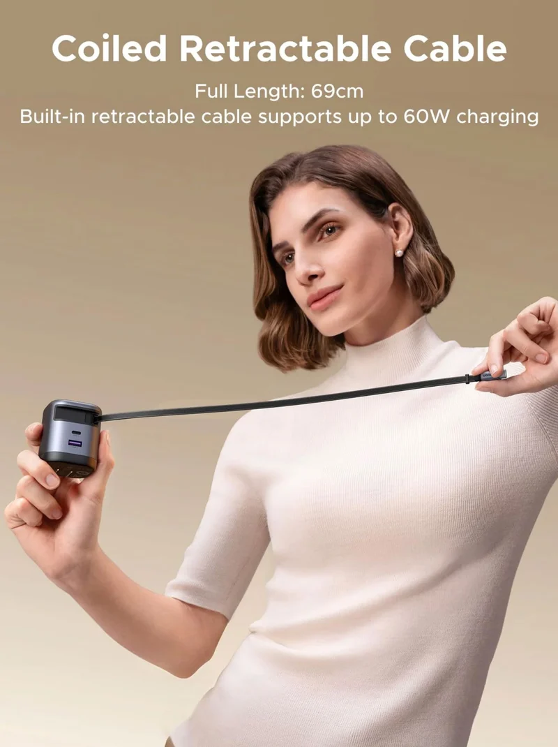 UGREEN 65W Retractable USB C Charger Block with Built-in Cable, GaN Fast Charging Wall Charger 2 Ports Compatible for iPhone 16 15 14, Galaxy S25 S24, Pixel 9 Pro 8 7, MacBook Pro/Air, iPad, Airpods