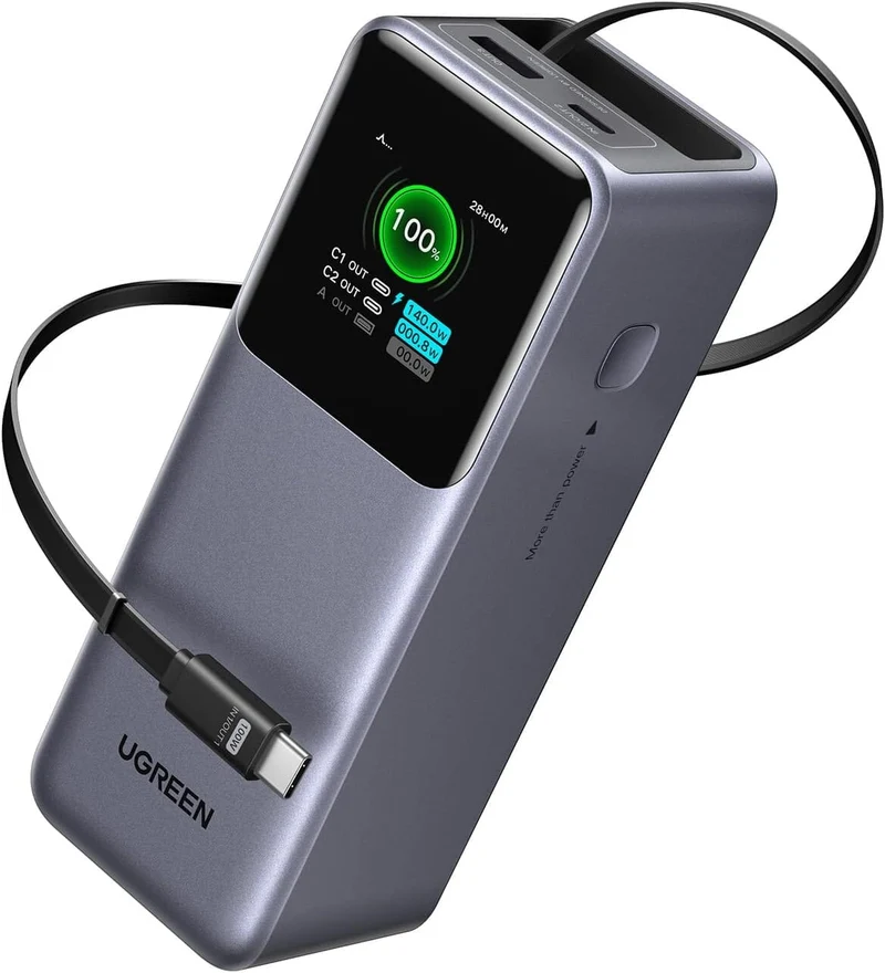 UGREEN Nexode Power Bank 20000mAh 165W with Built-in USB C Cable Laptop Travel Portable Charger, 100W Input, Fast Charging for MacBook Pro/Air/iPhone 16/iPad Pro/Galaxy S25 Ultra/Dell/HP and More