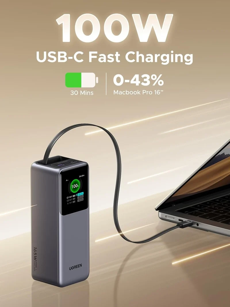 UGREEN Nexode Power Bank 20000mAh 165W with Built-in USB C Cable Laptop Travel Portable Charger, 100W Input, Fast Charging for MacBook Pro/Air/iPhone 16/iPad Pro/Galaxy S25 Ultra/Dell/HP and More