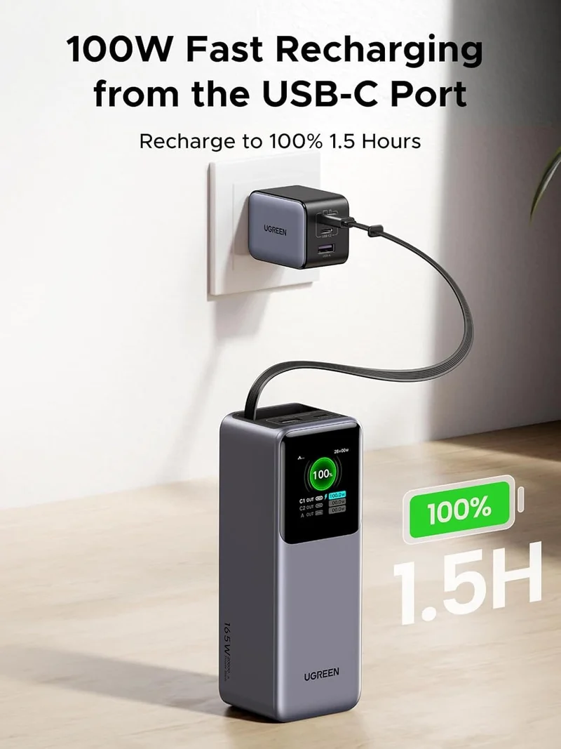 UGREEN Nexode Power Bank 20000mAh 165W with Built-in USB C Cable Laptop Travel Portable Charger, 100W Input, Fast Charging for MacBook Pro/Air/iPhone 16/iPad Pro/Galaxy S25 Ultra/Dell/HP and More