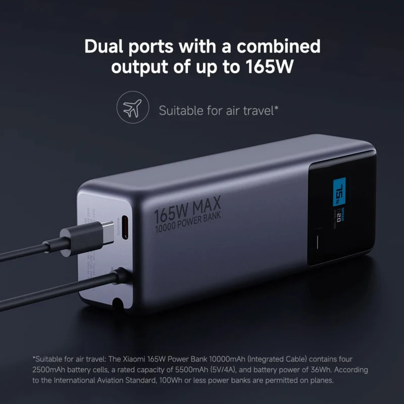 Xiaomi 165W Power Bank 10000mAh - Built-in USB-C Cable, 165W Dual Port, 120W Fast Charging, 90W Self Charging, Lithium-Ion Battery, Aircraft Safe, Compact Design with Colour Display