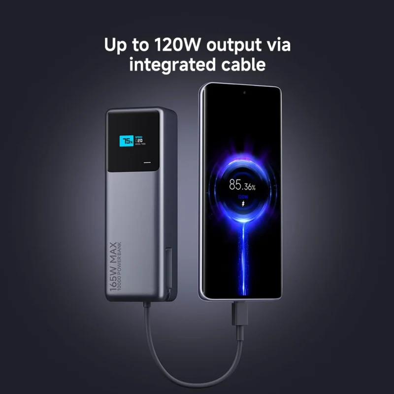 Xiaomi 165W Power Bank 10000mAh - Built-in USB-C Cable, 165W Dual Port, 120W Fast Charging, 90W Self Charging, Lithium-Ion Battery, Aircraft Safe, Compact Design with Colour Display