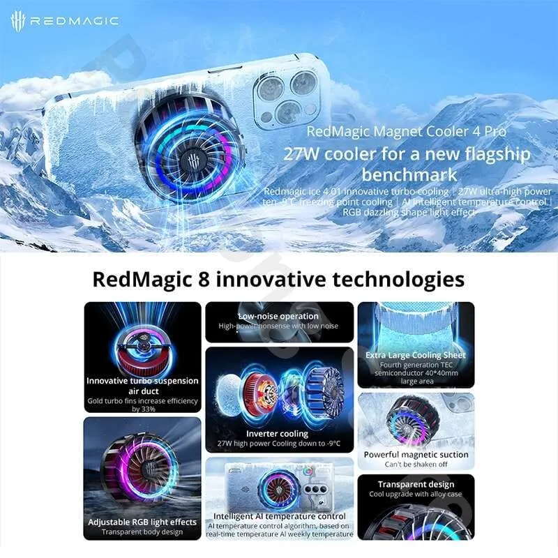 Nubia RedMagic Cooler 4 Pro Radiator Magnetic Ice FunCooler LED 27W Semiconductor Heat Dissipation Cooling