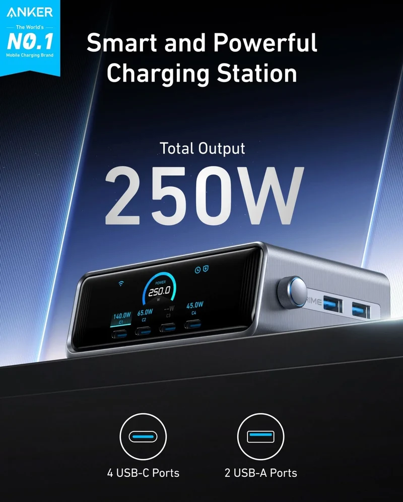 Anker Prime Charger (250W, 6 Ports, Control Dial & Smart Display)