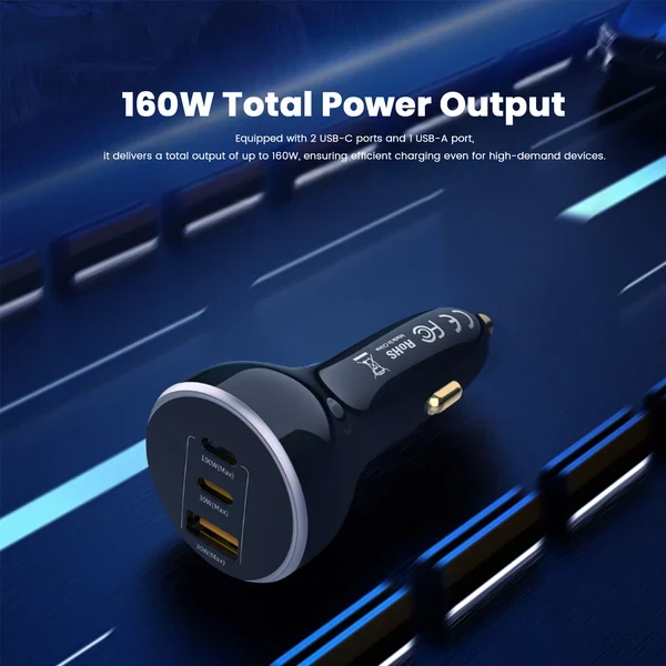ZLOS 160W 3-Port Fast Car Charger Cigarette Lighter Adapter (2 USB-C & 1 USB-A Ports)
