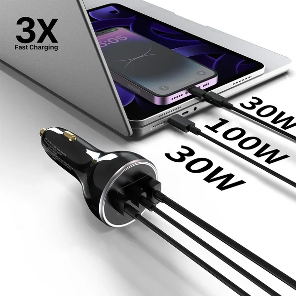 ZLOS 160W 3-Port Fast Car Charger Cigarette Lighter Adapter (2 USB-C & 1 USB-A Ports)