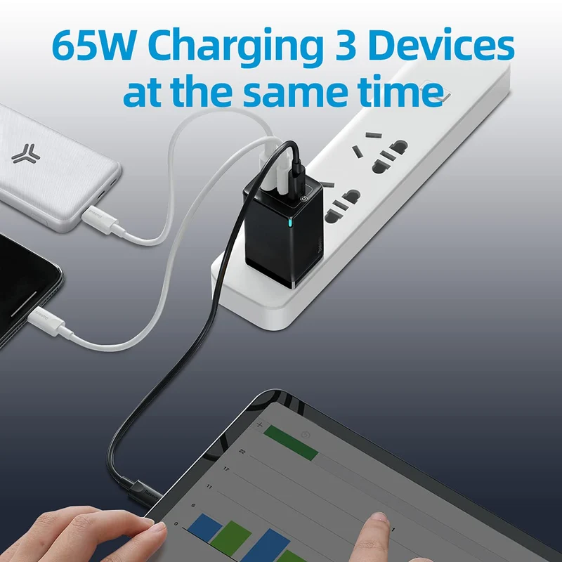 BASEUS Pro Fast Charger 2C+U Three Ports 65W with Type C Cable