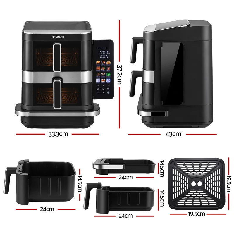 Devanti 12L Air Fryer Dual Basket Stacked 10 Inch Pizza Maker 2800W Touch Black