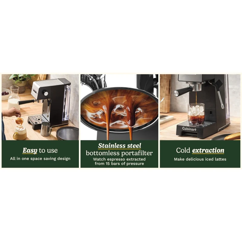 Cuisinart Slim Espresso Coffee Machine 15 Bars Pressure Steam Wand 1.5L Tank