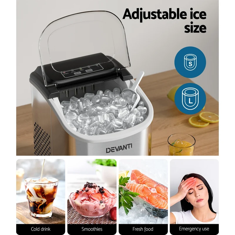 Devanti 12kg Ice Maker Machine with Self-cleaning (Silver)