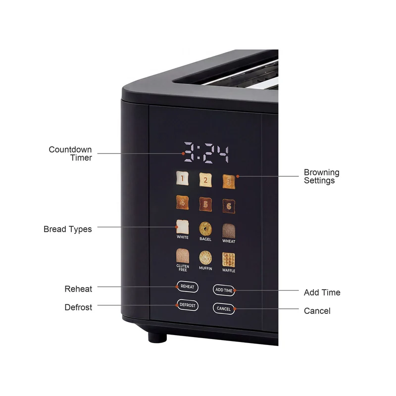 Healthy Choice 4-Slice Digital Toaster 800-950W Smart Touch Screen 6 Browning Levels – Black