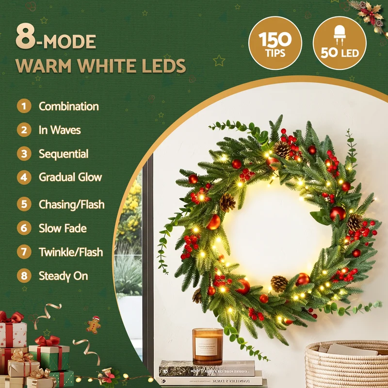 Jingle Jollys 60cm Pre-Lit Christmas Wreath LED Light Front Door Xmas Decor Garland