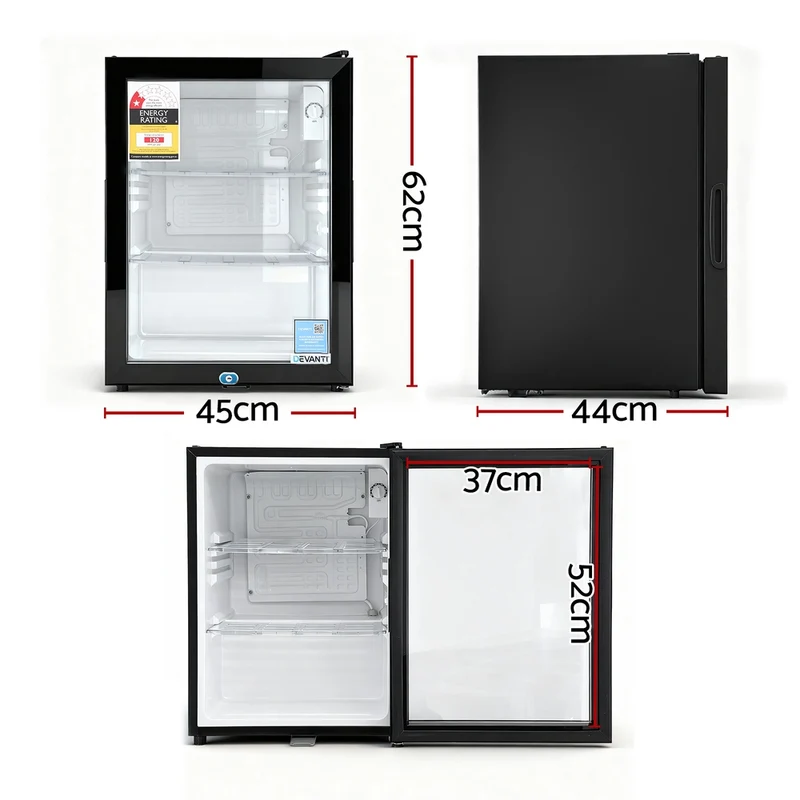 Devanti 56L Bar Fridge Glass Door Mini Fridge Countertop Cooler Black