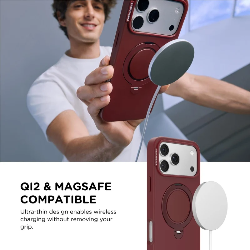 PopSockets Low-Pro MagSafe Protective Case with Built-in Grip Stand for iPhone 18 Pro (Burgundy)