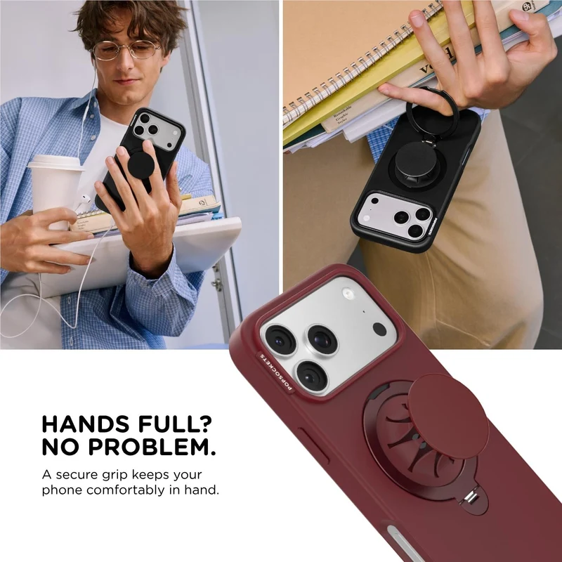PopSockets Low-Pro MagSafe Protective Case with Built-in Grip Stand for iPhone 18 Pro (Burgundy)