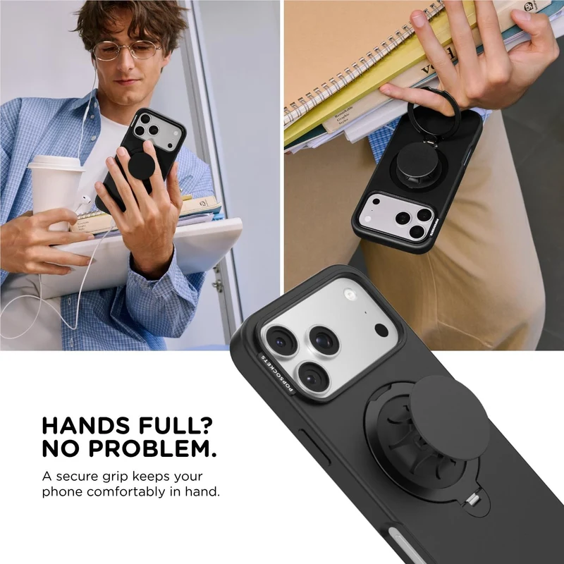 PopSockets Low-Pro MagSafe Protective Case with Built-in Grip Stand for iPhone 18 Pro (Black)
