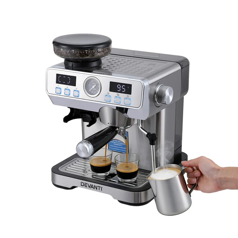 Devanti Coffee Machine Espresso Latte Maker with Grinder Milk Frother Steam Wand
