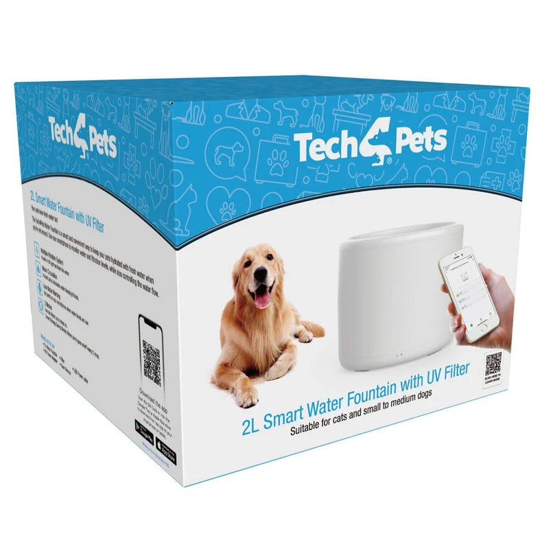 Tech4Pets 2L Smart Water Fountain w/ UV Filter Light for Pets WiFi App Support
