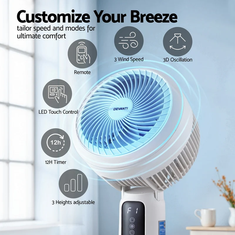 Devanti Pedestal Fan with Remote 3 Speed 12H Timer Height Adjustable Cooling Fan