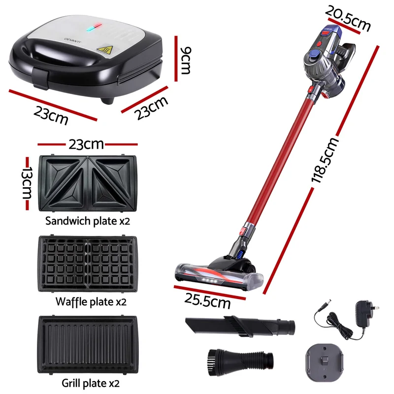Devanti K7 Cordless Stick Vacuum Cleaner plus 3-in-1 Sandwich Maker (Silver)