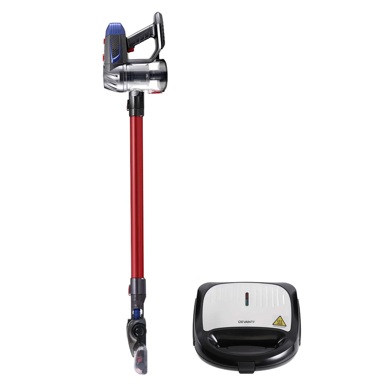 Devanti K7 Cordless Stick Vacuum Cleaner plus 3-in-1 Sandwich Maker (Silver)