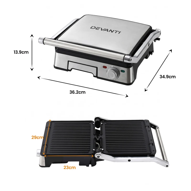 Devanti 2000W 3-in-1 Panini Press Grill Sandwich Maker 180° Open 4 Slice