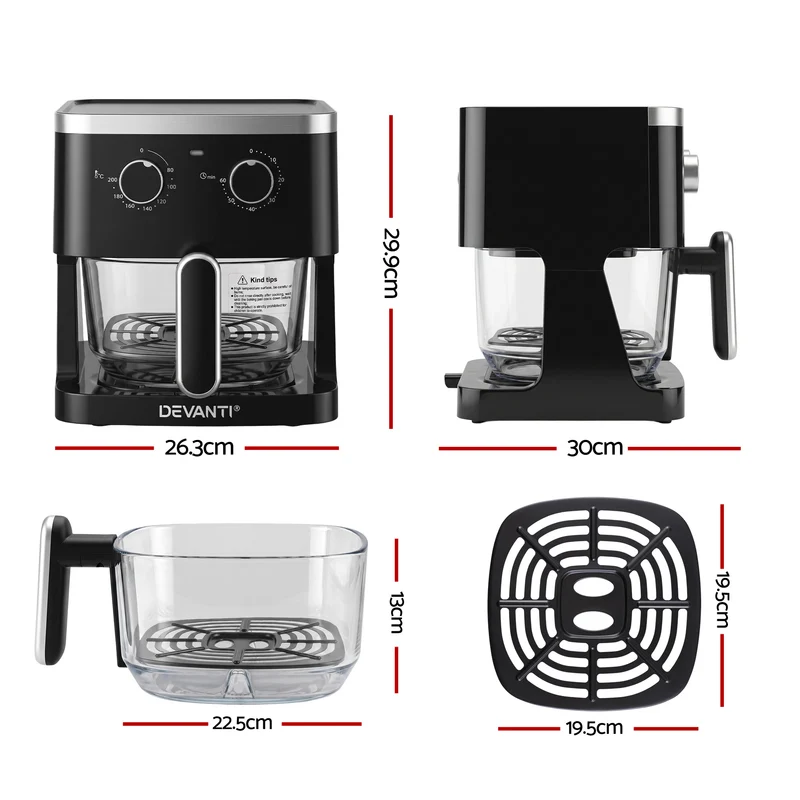 Devanti 4.5L Glass Air Fryer Kitchen Oven Knob Control 1350W Healthy Cooker Black