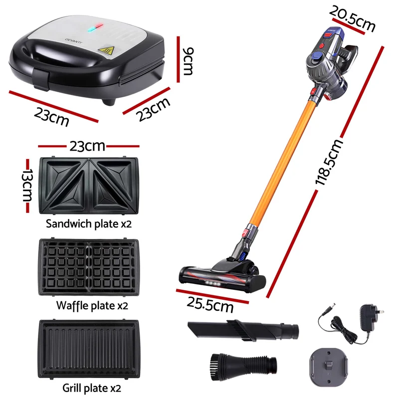 Devanti K7 Cordless Stick Vacuum Cleaner plus 3-in-1 Sandwich Maker (Gold)