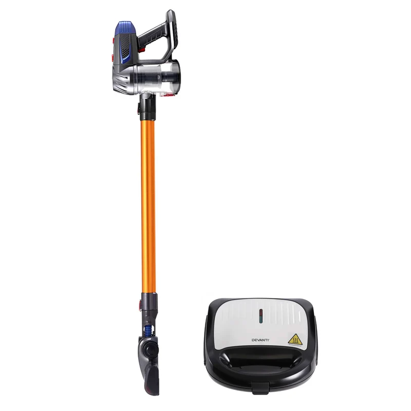 Devanti K7 Cordless Stick Vacuum Cleaner plus 3-in-1 Sandwich Maker (Gold)