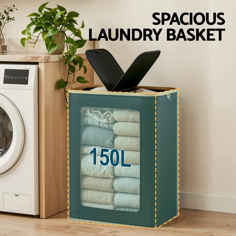 Artiss 2 Sections Laundry Basket with Removable Bags Foldable Black 150L