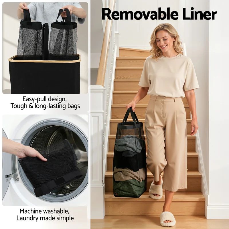 Artiss 2 Sections Laundry Basket with Removable Bags Foldable Black 150L